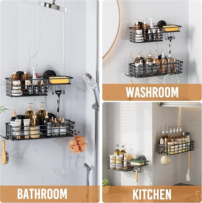 LEVERLOC Shower Caddy Suction Cup, 2 Pack suction shower shelf with Hooks & Soap holder, NO-Drilling Bathroom Holder, Rustproof bathroom organizer, Black - ModernBath