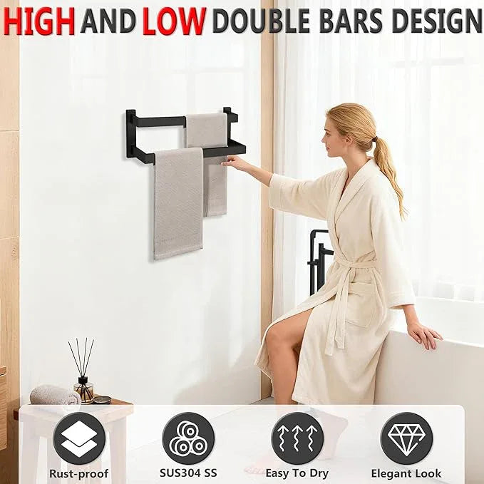 Alise 16 Inch Double Towel Bars for Bathroom Wall Mount,Bathroom Towel Holder Double Towel Racks for Bathroom Lavatory,SUS304 Stainless Steel Towel Rail Towel Hanger for Walls,Matte Black - ModernBath