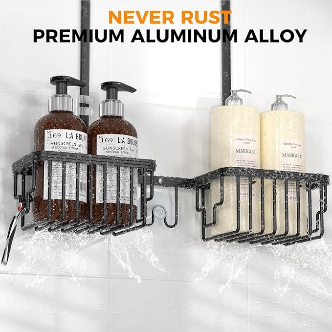 REINHARDT Aluminum Shower Caddy Hanging Adjustable Shower Caddy, Rustproof Hanging Shower Organizer with Hooks Soap Holders, Over Shower Head Caddy for Handheld Showerhead, Black - ModernBath