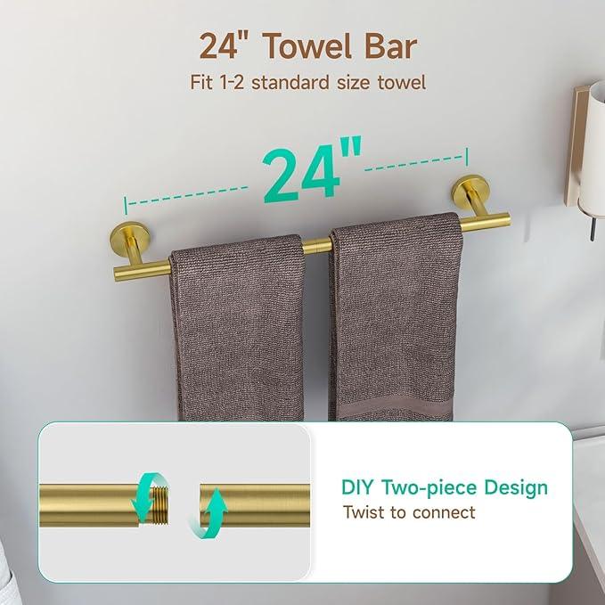 USHOWER Brushed Gold Bathroom Accessories Set, 24-Inch Towel Bar Set Wall Mounted, Durable SUS304 Stainless Steel Bathroom Hardware Set, 4-Piece - ModernBath