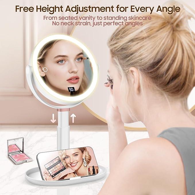 GOMIPURU Makeup Magnifying Mirror with Light 30X/1X, Digital Display, 2-Sided Touch Control, Makeup Mirror with 3 Color Lights,360° Rotate, Height Adjustable Lighted Magnifying Mirrors for Desk Travel - ModernBath