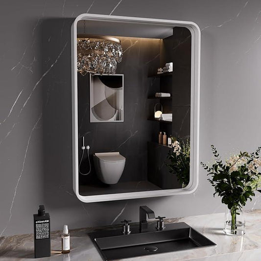 JISOSO White Bathroom Mirror 24x32 Inch, White Metal Framed Bathroom Mirror for Wall, Rounded Rectangle Matte Bathroom Vanity Mirror, Tempered Glass, Anti-Rust, Horizontal/Vertical - ModernBath