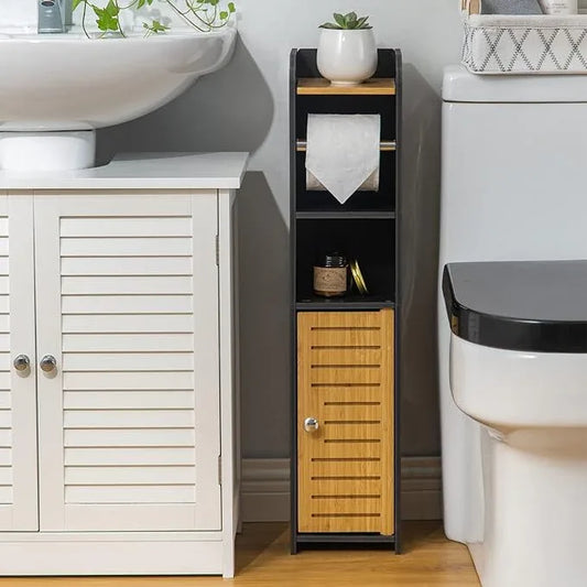 AOJEZOR Toilet Paper Holder Stand: Small Bathroom Storage Cabinet - Black - Bamboo - ModernBath