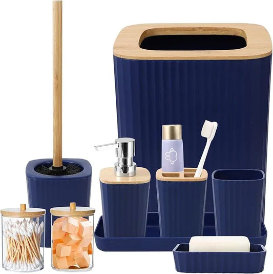 XLHOMO Blue Bathroom Set - Navy Blue Bathroom Accessories Set with with Trash Can,Toothbrush Holder,Toothbrush Cup,Soap Dispenser,Tray,Soap Dish,Toilet Brush,Qtip Holders for Bathroom Home Decor - ModernBath