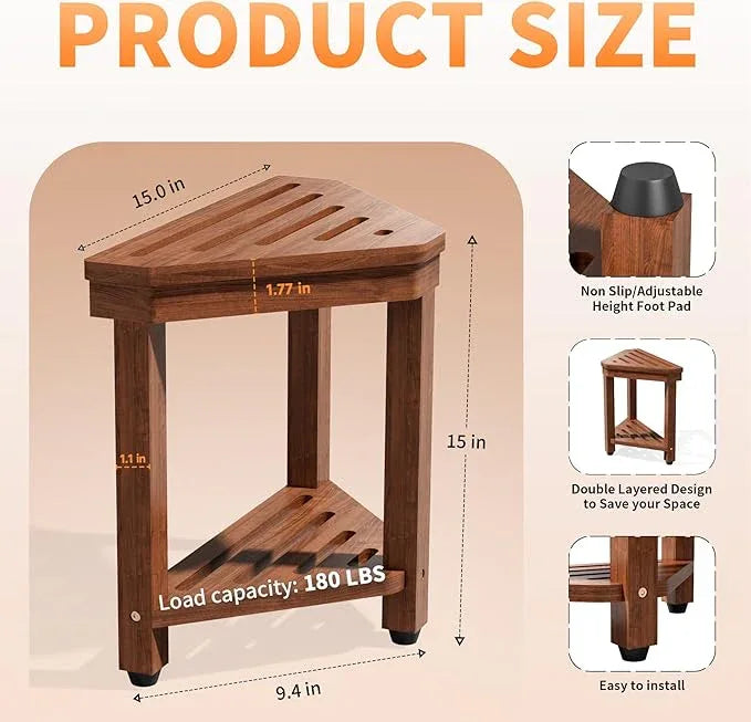 Shower Foot Rest 15 in, Acacia Shower Stool for Shaving Legs,Corner Bath Shower Bench with Starage Shelf for Inside Small Shower Spaces - ModernBath