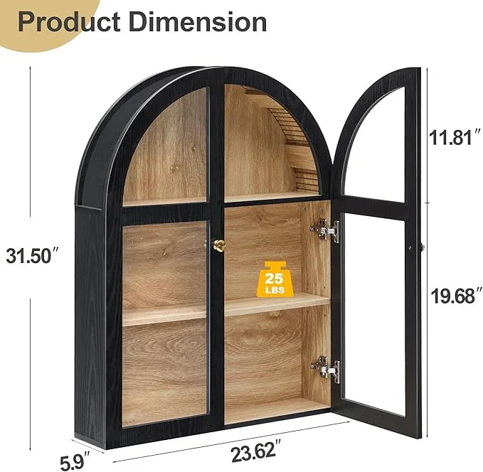 Arched Bathroom Wall Cabinet, Arch Medicine Cabinet Wall Mounted with Acrylic Doors, Wall Over The Toilet Storage Cabinet with Adjustable Shelves for Laundry Room, Kitchen (Black) - ModernBath