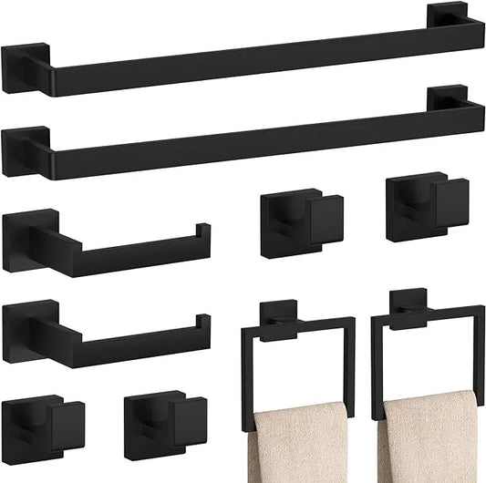 10-Pieces Matte Black Bathroom Accessories Set, 23.6 Inch Bath Towel Bar Set, SUS 304 Stainless Steel Bathroom Hardware Set, Towel Racks for Bathroom Wall Mounted. - ModernBath