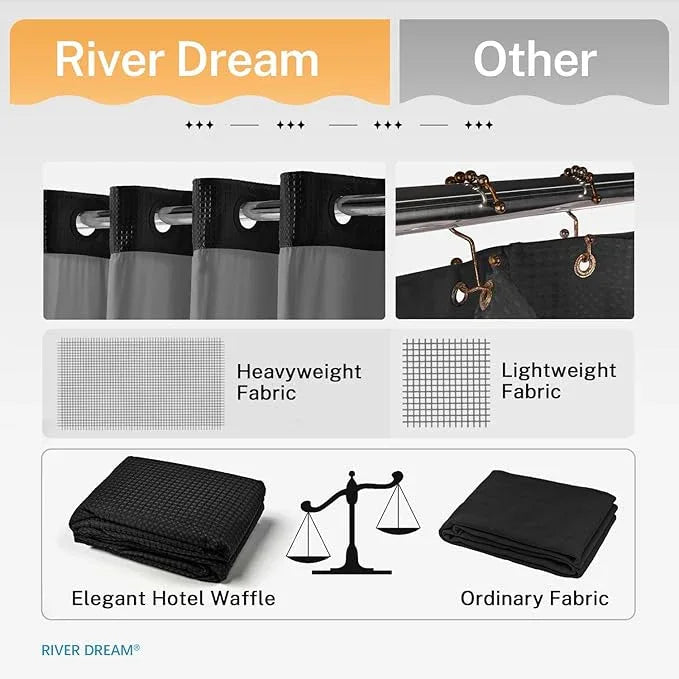 River Dream Stall Heavyweight No Hooks Required Dotted Waffle Weave Shower Curtain with Snap in Liner - 36W x 74H,Hotel Grade,Spa Like Bath Curtain,Graphite Black - ModernBath