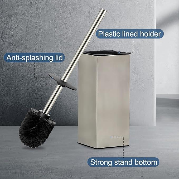 Toilet Brush and Holder Set, NEWRAIN Stainless Steel Toilet Brush with Long Brush Handle, Brushed Nickel Toilet Scrubber and Covered Holder, Square Design Sturdy and Space Saving, Covered Brush - ModernBath