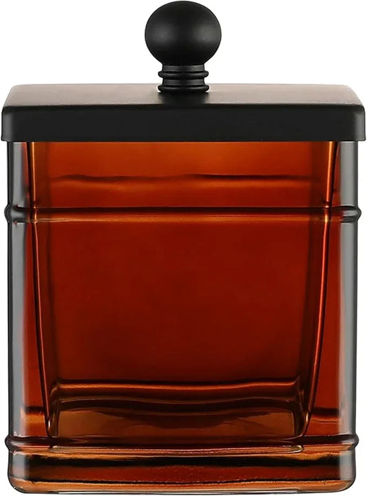 Indecor Home Amber Glass Cotton Jar Holder – Black Lid Elegant Bathroom Storage Canister for Qtips, Cotton Balls, Floss, Makeup Organizer, Vanity & Bathroom Organization - ModernBath
