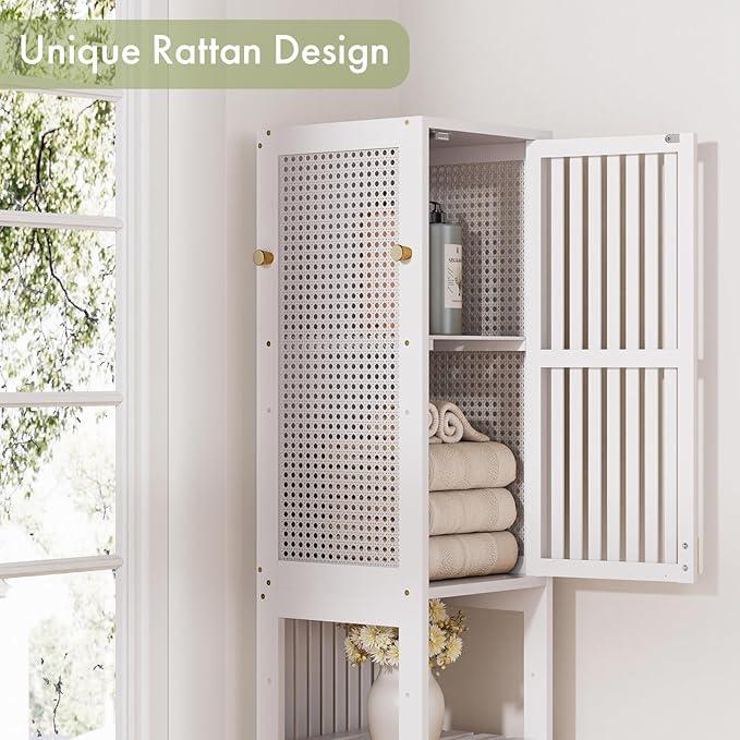 Amazer 70'' Tall Bathroom Storage Cabinet Bamboo, Slim Storage Cabinet with Rattan Door and Adjustable Shelves, Narrow Freestanding Organizer for Living Room Kitchen, White - ModernBath