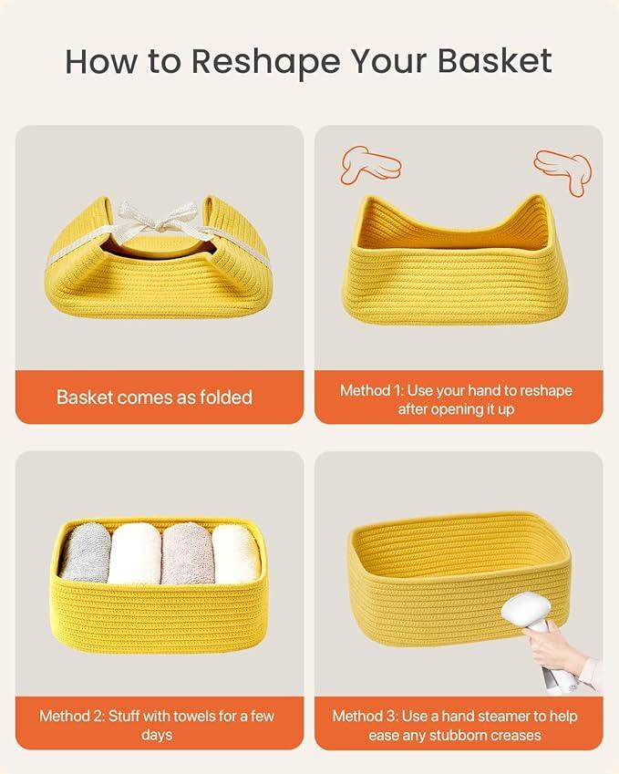 Small Woven Basket, 12 x 8 x 4.5 Inches, Storage Basket for Organizing, Cute Small Rope Shelf Closet Cube Storage Bins Baskets for Shelves, Dog Toy Gift Baskets Empty, 3 Pack Yellow - ModernBath