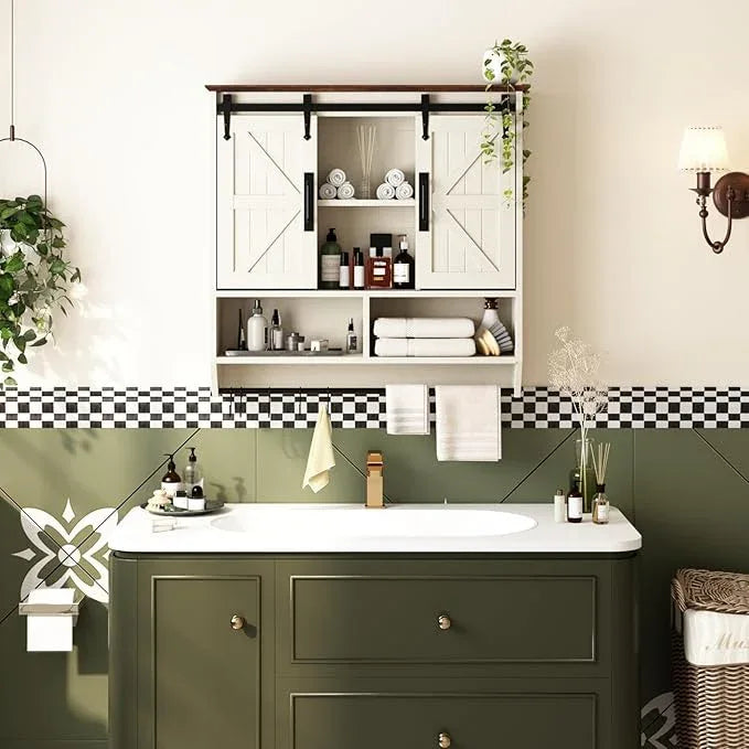 RUSTOWN Farmhouse Bathroom Wall Cabinet,3-Tier Rustic Wood Wall Mounted Cabinets,Vintage Medicine Cabinet with Sliding Barn Door and Adjustable Shelves,Over The Toilet Storage Cabinet (Vintage White) - ModernBath