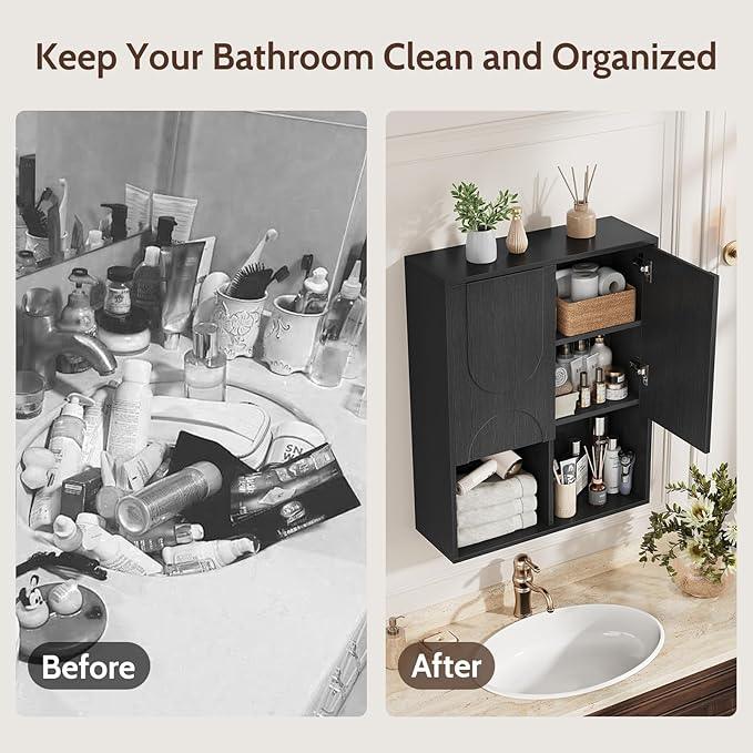 Bathroom Wall Cabinet, 24x30 Inch Small Over The Toilet Storage Cabinet, Black Space Saver Hanging Wall Mounted Medicine Cabinet Organizer with 2 Doors, Open Adjustable Shelf for Laundry Room Kitchen - ModernBath
