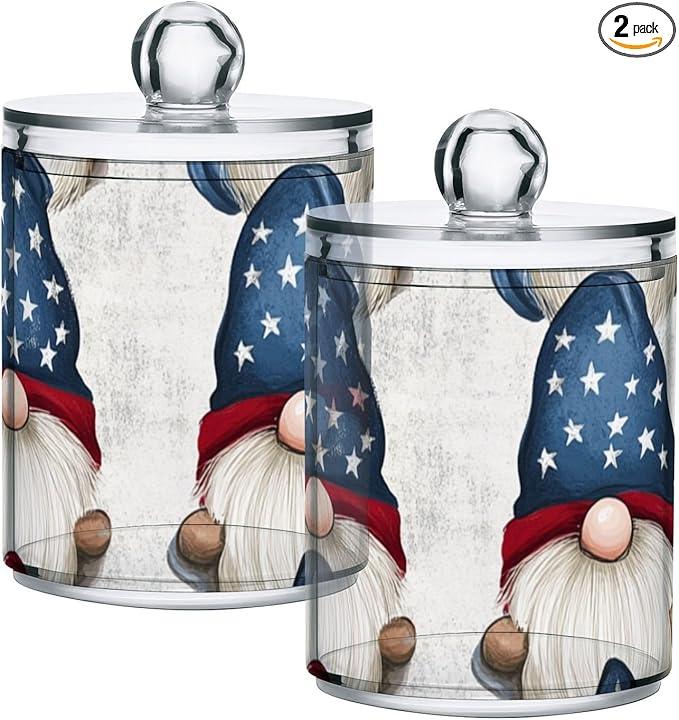 Tatenale Qtip Holder Bathroom Set Q tip Cotton Ball Swab Pad Dispenser Container Organizer Plastic Jars with Lids Storage 2Pack 4th Of July Patriotic Gnomes White - ModernBath