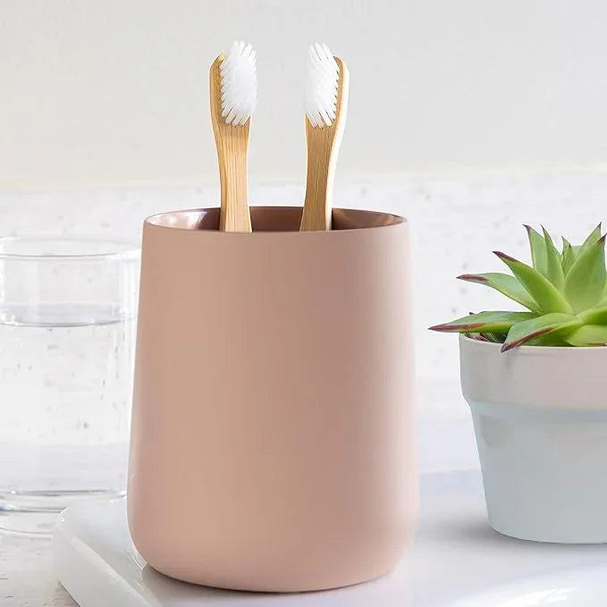 Yew Design Matte Dusty Pink/Mauve Toothbrush and Toothpaste Holder and Cup for Bathroom Vanity and Countertop, Round Organizer for Electric Toothbrushes, Floss, Razors, Cotton, and Mouthwash - ModernBath
