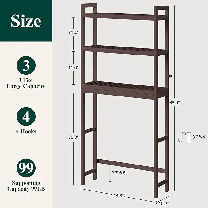Smiry Over The Toilet Storage Cabinet, 3-Tier Bamboo Bathroom Organizers with Adjustable Shelf & 4 Hooks, Space Saving Shelf Rack for Bathrooms, Laundry Room, Balcony, Brown - ModernBath