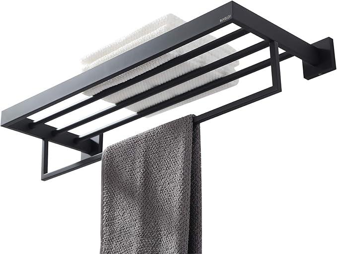 Towel Rack, Towel Shelf for Bathroom, Square Modern Hotel Style Towel Rack with Shelf, 24Inch, Matte Black, Wall Mounted, No Assembly, 071100-MB Les Series - ModernBath