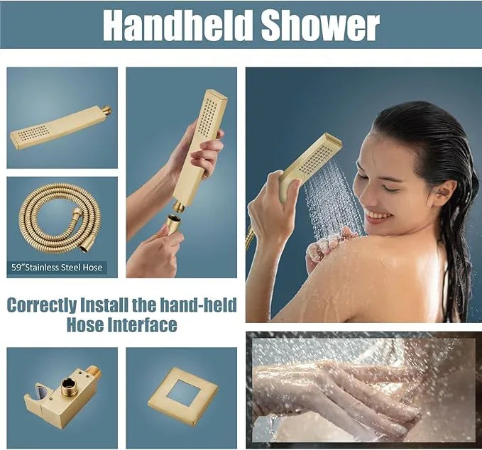Aolemi Shower Faucet Set Rain Shower System with Handheld Spray Bathroom Shower Combo Rough-in Valve and Shower Trim Kit Included Brushed Gold 10 Inch Wall Mount Shower Head - ModernBath