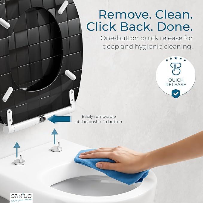 Sanilo Wooden Toilet Seat with Quick Release & Soft Close [ROUND] - Decorative & Slow Close Molded Wood Seat - With One Click for Easy Installation & Cleaning - With Adjustable Fit (Cube) - ModernBath