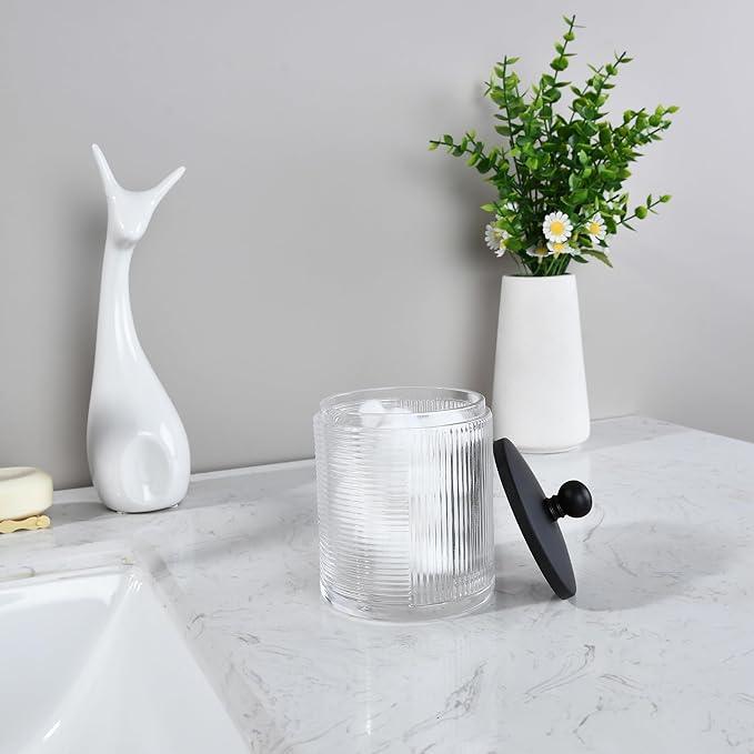 Indecor Home Clear Transparent Apothecary Ribbed Geometric Etched Glass Jar W/Matte Black Metal Lid Cover for Bathroom Organization, Cotton Balls, Q Tips, and Small Accessories, Bathroom Storage - ModernBath
