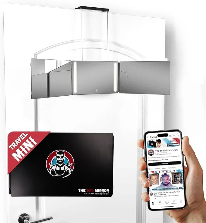The 360 Mirror - 3 Way Mirror for Self Hair Cutting - Adjutable Trifold Barber Mirro to Cut Your Own Hair - Tri Fold Self Haircut System - Three Sided Mirro for Haircuts (Black - Mini LED version) - ModernBath