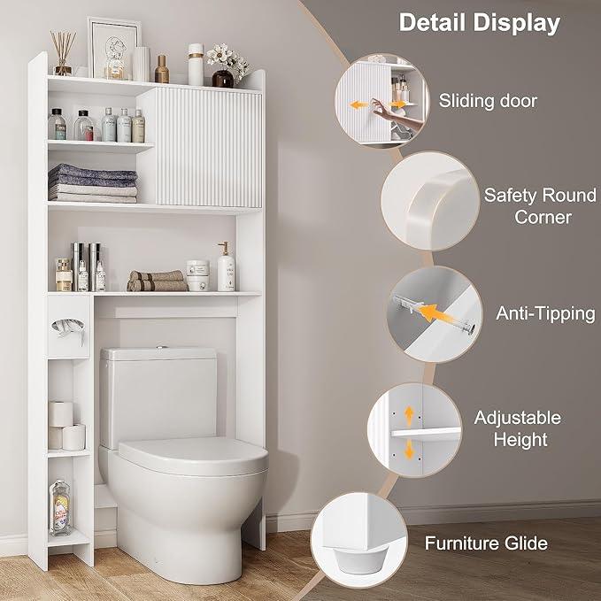 31.5" W Over The Toilet Storage Cabinet with Sliding Door, Bathroom Above Toilet Storage Cabinet with Adjustable Shelves, Toilet Paper Holder, Space Saver Cabinet for Bathroom, White - ModernBath