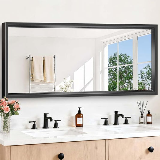 CIVENO Black Bathroom Mirror, 28x60 Inch Large Rectangle Mirror, 0.6" Thickened Deep Frame Mirrors for Wall Over Sink, Shatterproof Tempered Glass, Brushed, Antirust, Horizontally or Vertically