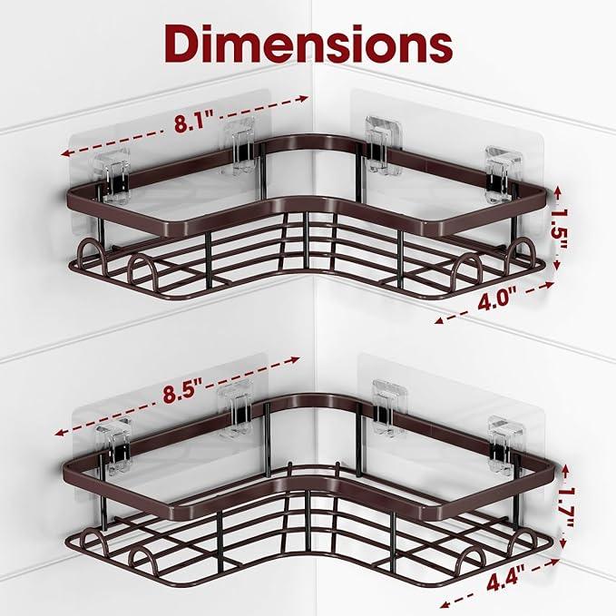Corner Shower Caddy - 2 Pack, Adhesive Shower Organizers, Rustproof Stainless Steel Shower Shelves with 8 Hooks, No Drilling Bathroom Organizers and Storage Racks, Space-Saving, Brown, Medium - ModernBath