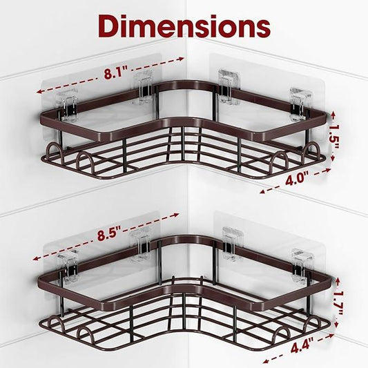 Corner Shower Caddy - 2 Pack, Adhesive Shower Organizers, Rustproof Stainless Steel Shower Shelves with 8 Hooks, No Drilling Bathroom Organizers and Storage Racks, Space-Saving, Brown, Medium - ModernBath