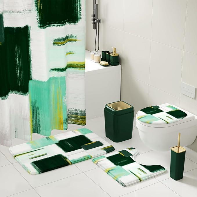 XLHOMO Bathroom Accessories Set - 26PCS Dark Green Bathroom Set, Bathroom Accessory Set with Shower Curtain and Rugs and Bathtub Mats for Home - ModernBath