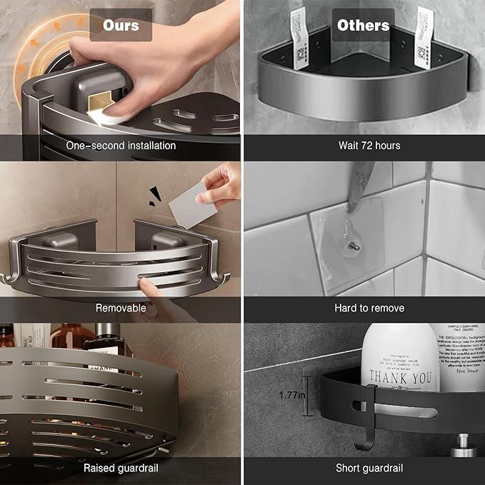 Voldra Corner Shower Caddy Suction Cup, 1 Pack Corner Shower Shelves No Drilling, Aluminum Upgrade Suction Cup Shower Organizer Corner with Towel Bar & Hooks Removable Bathroom Storage Rack(Gray) - ModernBath