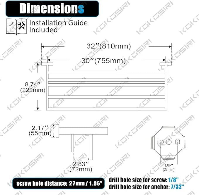KOKOSIRI Black Towel Rack 32'' Bathroom Towel Shelf with Double Towel Bars SUS304 Matte Black Stainless Steel Wall Mounted, B6003BK-L32 - ModernBath