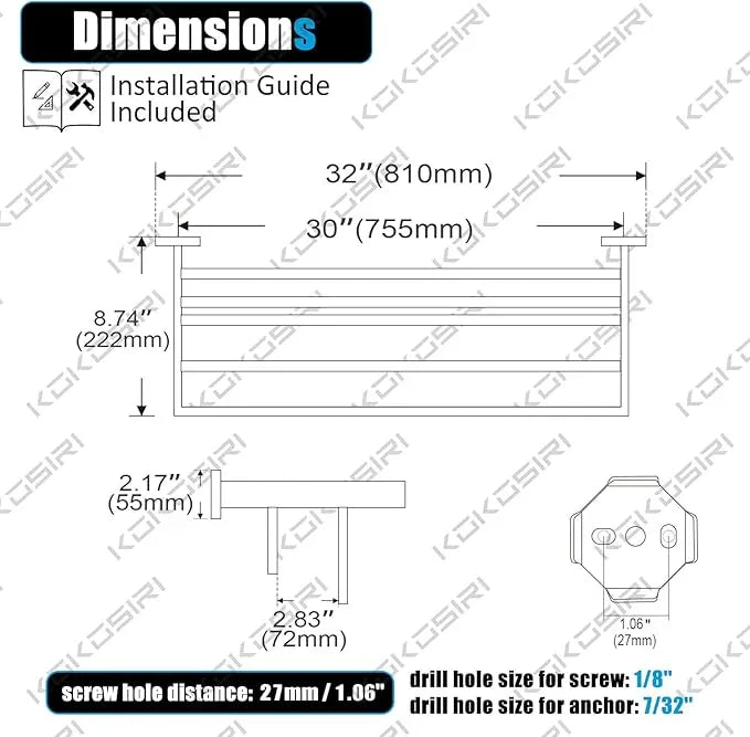 KOKOSIRI 32'' Bathroom Towel Shelf Chrome Towel Rack with Two Bath Towel Bars SUS304 Stainless Steel Wall Mounted, Polished Finish B6003CH-L32 - ModernBath