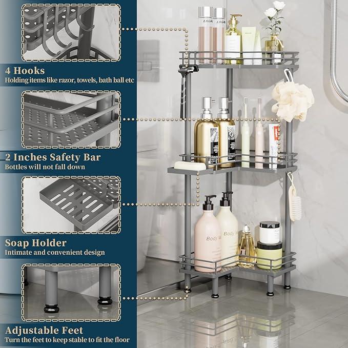 Consumest Corner Shower Caddy Standing - 3-Tier Stainless Steel Shower Organizer with Soap Holder and 4 Hooks, Large Capacity Corner Shelf Stand for Bathroom, Rest Room, Grey - ModernBath