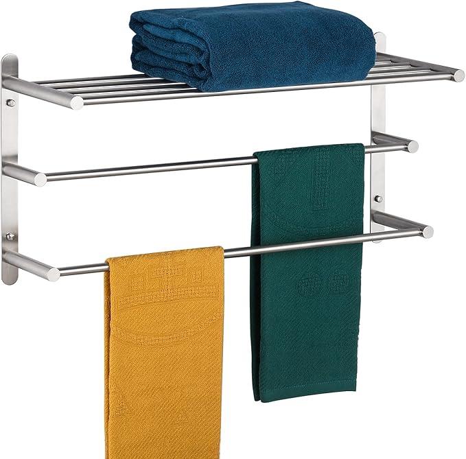 KOKOSIRI 3 Tier Bath Towel Bar 24 Inch Wall Mounting Rack with Towel Bars Towel Shelf with Single Towel Bar Bathroom Ladder, Brushed Steel, B5003BR - ModernBath