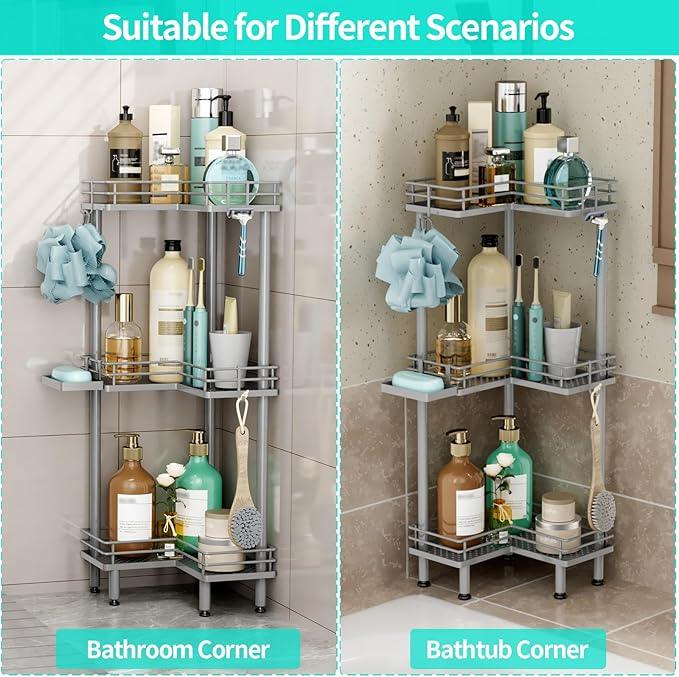 HapiRm Corner Shower Caddy Standing - 3 Tier Shower Organizer Corner with Soap Holder, Rustproof Bathroom Standing Organizer with 4 Hooks, Grey - ModernBath