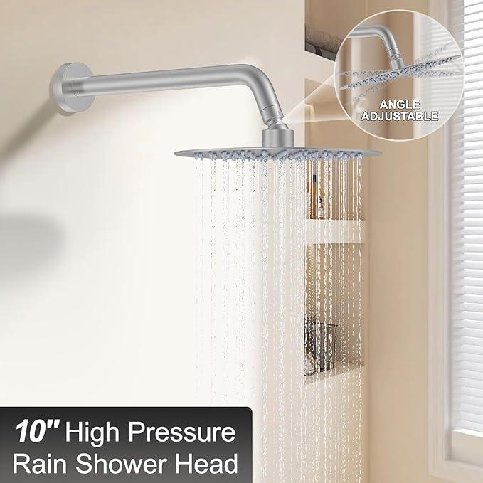 KOJOX 10 Inch Brushed Nickel Shower System with High Pressure Rain Shower Head, Handheld Shower Head, Bathroom Mixer Shower Set Wall Mounted Shower Faucet Rough-in Valve and Trim Kit - ModernBath