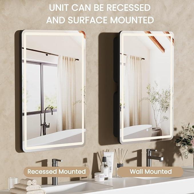24x36 Inch LED Lighted Medicine Cabinet with Mirror for Bathroom, Wall Mounted or Recessed Mirror Cabinet with 3X Magnifying Mirror, Adjustable Storage Shelves, Modern Design - ModernBath