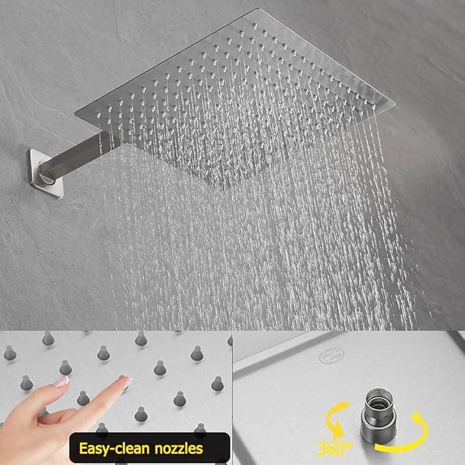 JingGang Brushed Nickel Shower System 12 Inch Bathroom Luxury Rain Mixer Shower Combo Set Wall Mounted Rainfall Shower Head and Handheld System Shower Faucet Set Rough-in Valve Body and Trim Kit - ModernBath