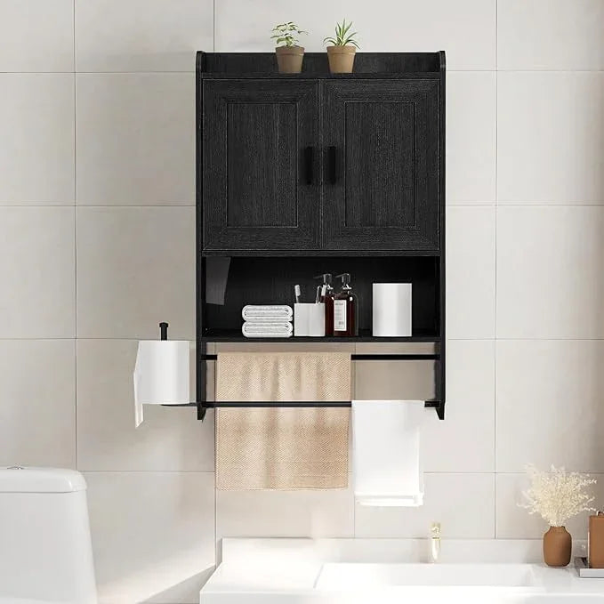 Bathroom Wall Cabinet, Wooden Medicine Cabinet Over the Toilet with Adjustable Inner Shelf, Wall Mounted Cabinet with Doors for Bathroom Storage, Hanging Cabinet for Wall with Towels Bar (Black) - ModernBath