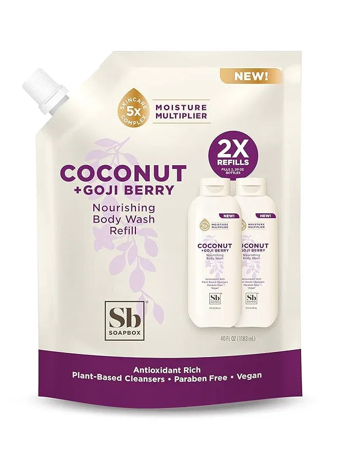 Soapbox Body Wash Refill, Coconut + Goji Berry Body Wash Refill Pack, Bulk Soap Pouch, Vegan + Antioxidant Rich Moisturizing with Shea Butter, Peptides & Keratin Promoting B3, 40oz - ModernBath