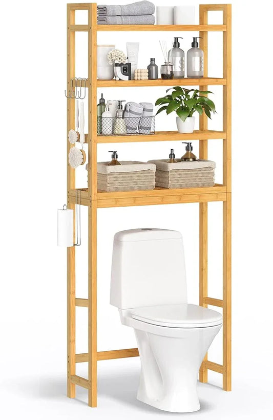 SONGMICS Over The Toilet Storage, 4-Tier Over Toilet Bathroom Organizer with Adjustable Shelves, 10.2 x 24.8 x 72.8 Inches, Space-Saving, Natural Beige UBTS041N01 - ModernBath