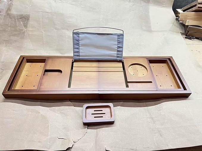 Foldable Bathtub Caddy Tray, Bamboo Bath Tub Tray Table for Tub with Wine Glass Holder Book Phone Tablet Holder with Extending Sides, Adjustable Bathroom Bathtub Free Soap Holder Gift Idea (Walnut) - ModernBath