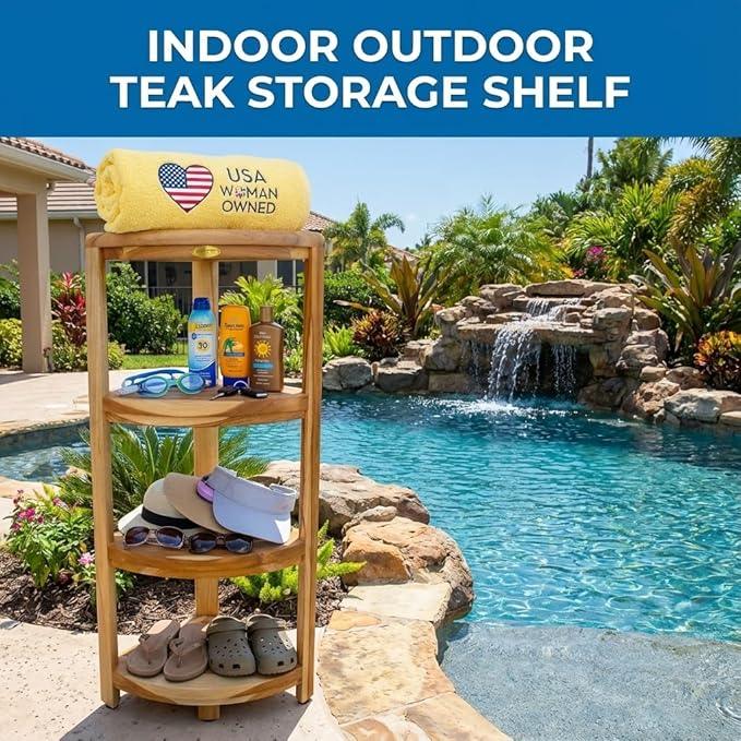 EcoDecors Corner Snazzy Corner Four Tier Natural Color Shelf Waterproof Teak Wood Shower Bench Stool Seat Chair For Inside Shower Provides Safety, Storage, and Organization For Bathroom Accessories - ModernBath