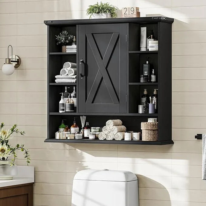 Bathroom Wall Cabinet, Farmhouse Medicine Cabinet with Adjustable Shelves and Barn Doors, Large Wall Mounted Over The Toilet Storage Cabinet for Bathroom, Laundry Room, Kitchen, Rustic Black - ModernBath