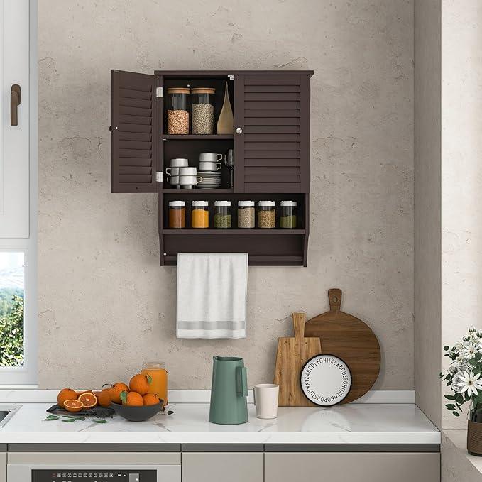 Tangkula Wall Mounted Bathroom Cabinet w/Open Shelf & Bar, Medicine Cabinet w/Double Louvered Doors, Adjustable Shelf, Wall Storage Cabinet for Bathroom Living Room Kitchen (Espresso) - ModernBath