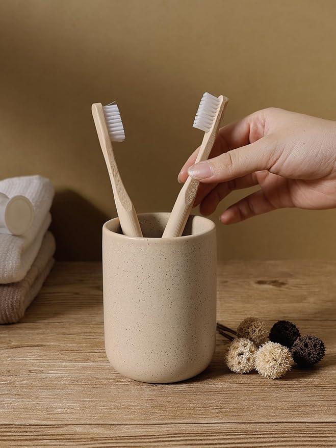 INGOFIN 3 Pcs Ceramic Bathroom Accessory Set - Liquid Soap Dispenser, Toothbrush Holder & Tray, Bathroom Counter Set, Countertop Essentials for Home, Guest Bathroom, or Office Use, Beige - ModernBath
