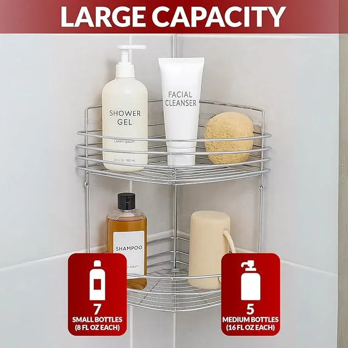 2-Tier Corner Shower Caddy Standing - Sturdy Stainless Steel Bathroom Organizer with 2 Screws and Anchors - Freestanding or Wall-Mounted Caddy - Chrome - ModernBath