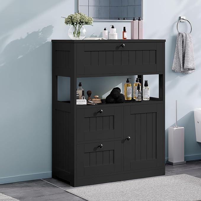 Storage Cabinet, Modern Bathroom Floor Storage Cabinet Organizer with 1 Door and 3 Drawers, Freestanding Cupboard for Kitchen/Living Room Use - ModernBath